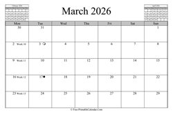 March 2026 Calendar (horizontal)