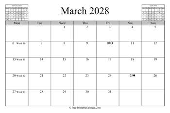 March 2028 Calendar (horizontal)