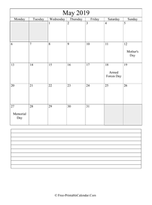 may 2019 editable calendar notes portrait