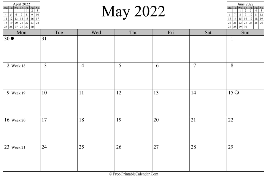may 2022 Calendar (horizontal layout)