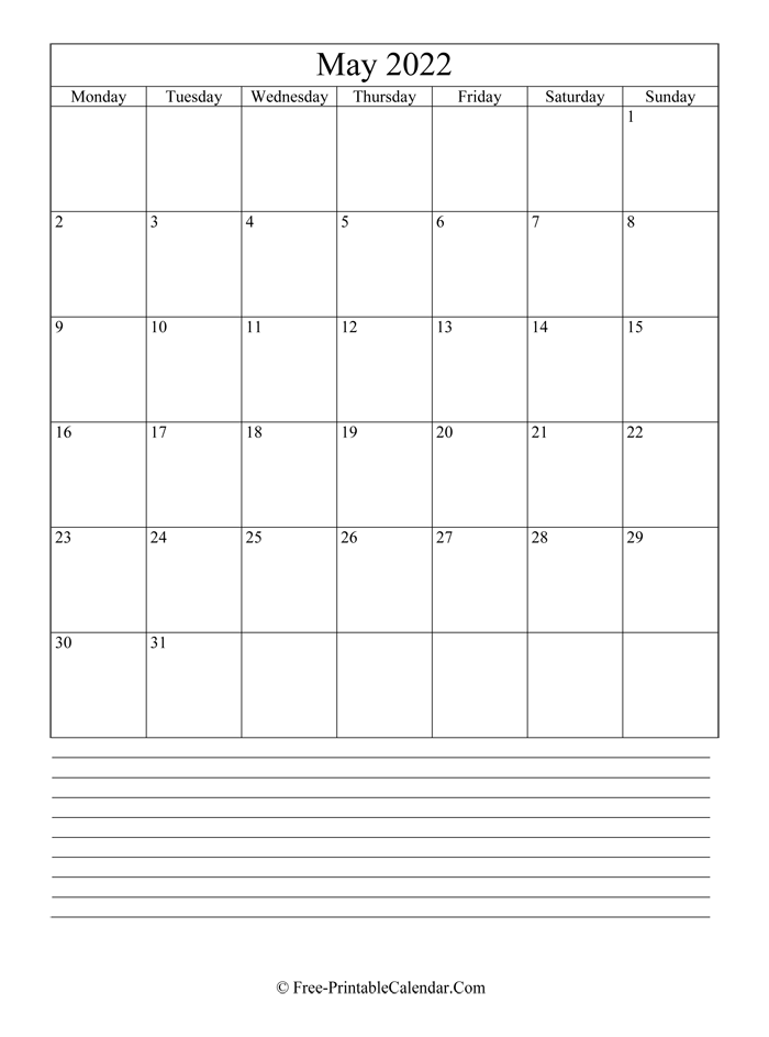 may 2022 Editable Calendar with notes