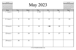 may 2023 calendar horizontal