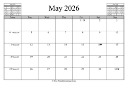 May 2026 Calendar (horizontal)
