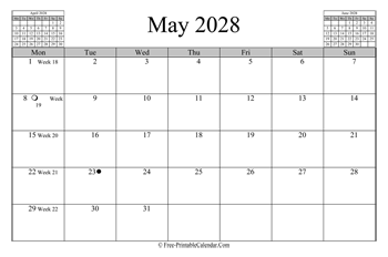 May 2028 Calendar (horizontal)