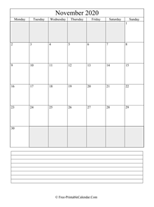 november 2020 editable calendar notes portrait