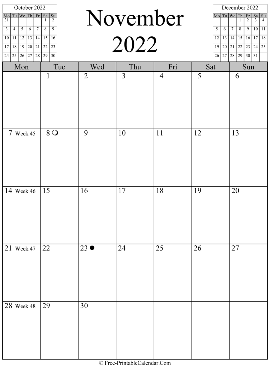 november 2022 Calendar (vertical layout)