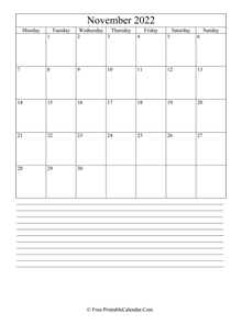 november 2022 editable calendar notes portrait