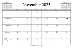 November 2023 Calendar (horizontal)