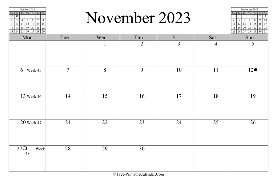 november 2023 Calendar (horizontal layout)