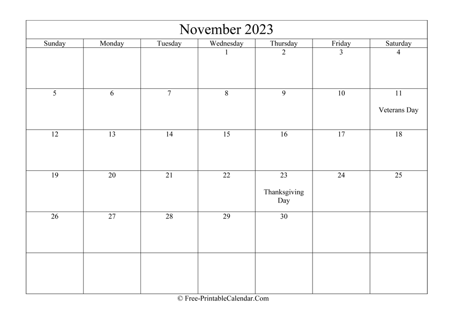November 2023 Calendar Printable with Holidays