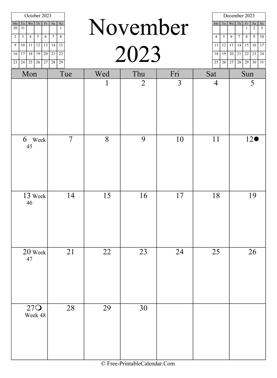 november 2023 Calendar (vertical layout)