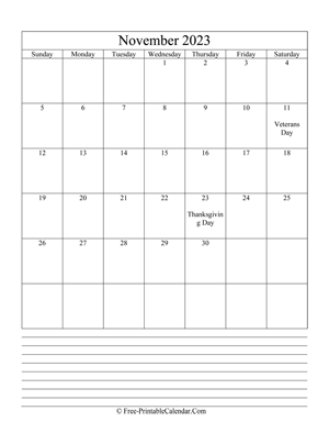 november 2023 editable calendar notes portrait