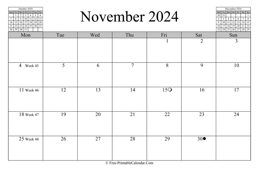 november 2024 Calendar (horizontal layout)