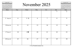 November 2025 Calendar (horizontal)