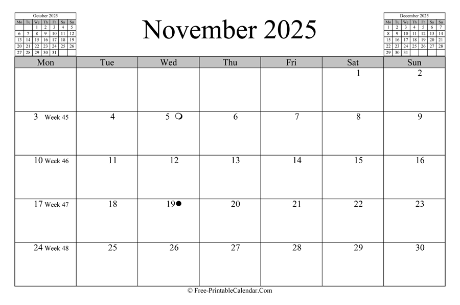 november 2025 Calendar (horizontal layout)