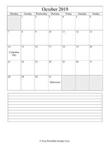 october 2019 editable calendar with notes space