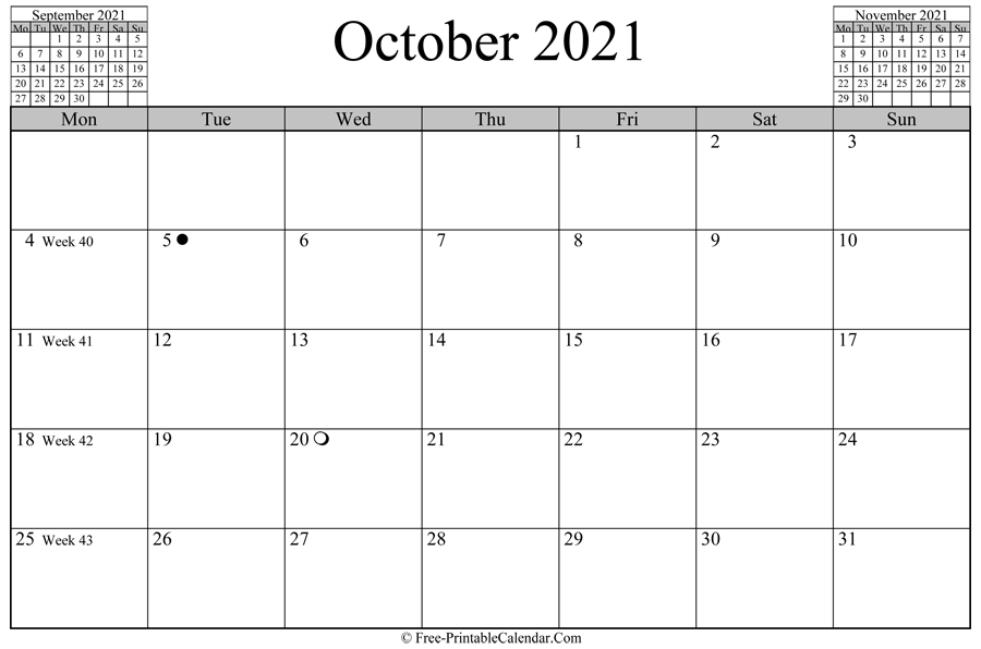 october 2021 Calendar (horizontal layout)