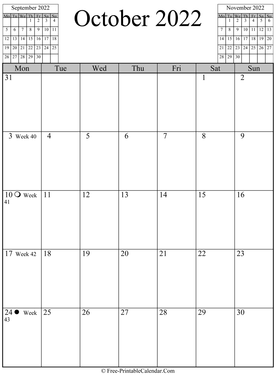 october 2022 Calendar (vertical layout)