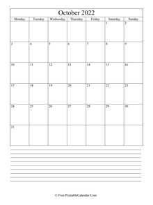 october 2022 editable calendar with notes space