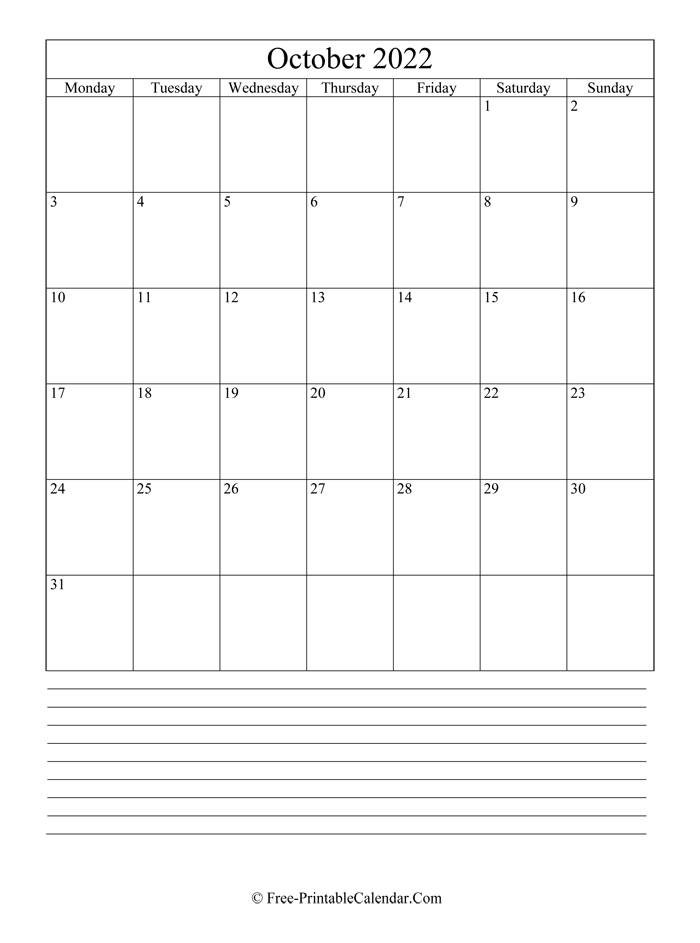 october 2022 Editable Calendar with notes