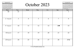 October 2023 Calendar (horizontal)
