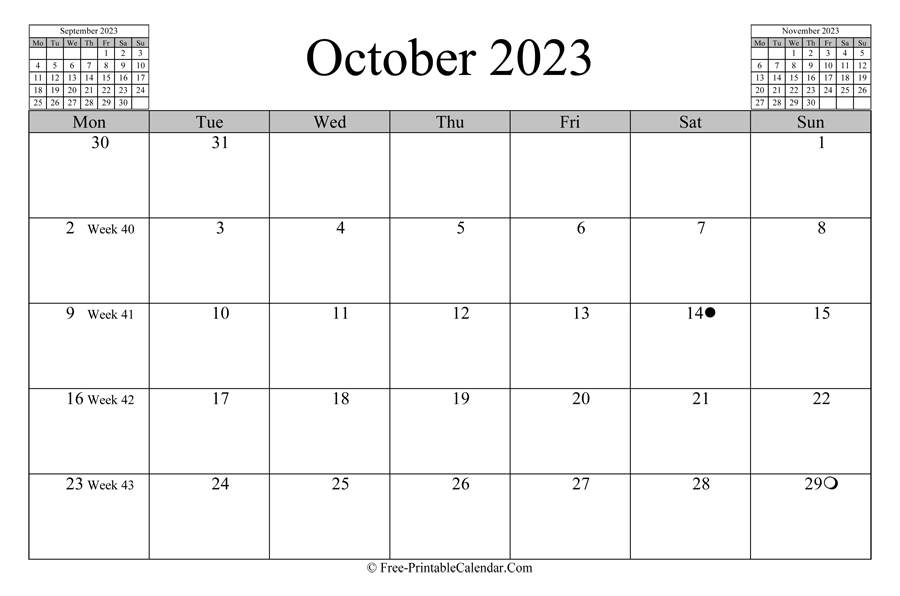 october 2023 Calendar (horizontal layout)