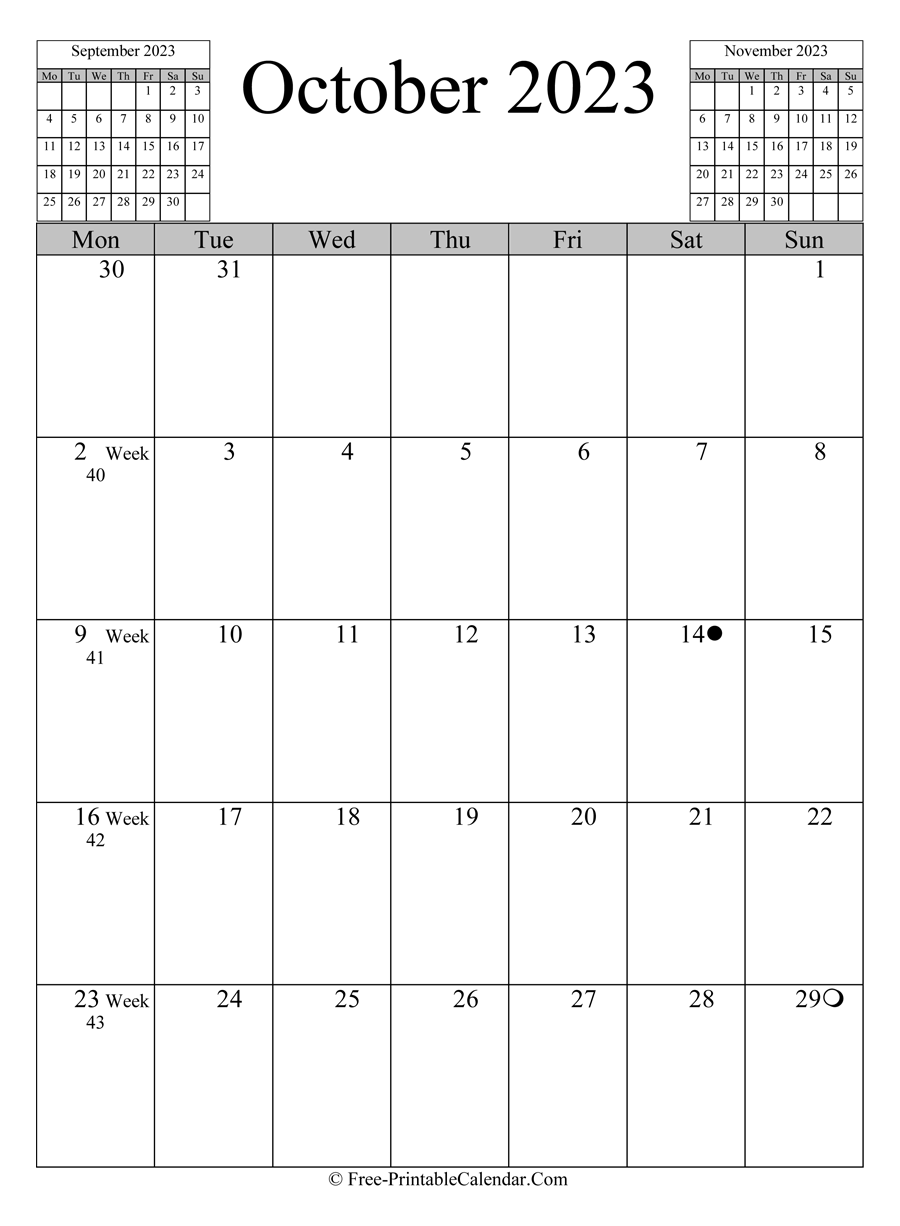 october 2023 Calendar (vertical layout)
