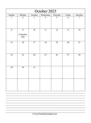 october 2023 editable calendar notes portrait