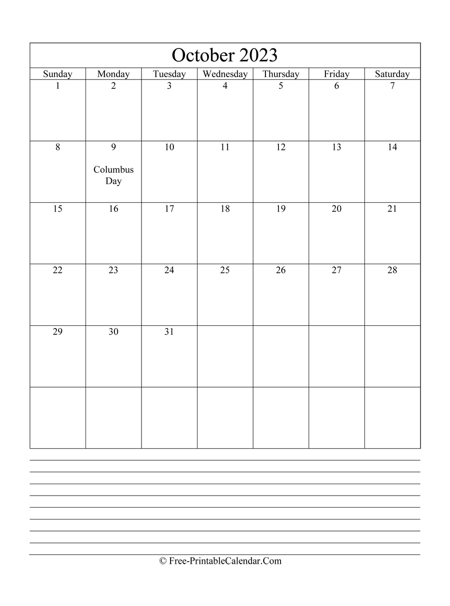 october 2023 Editable Calendar with notes
