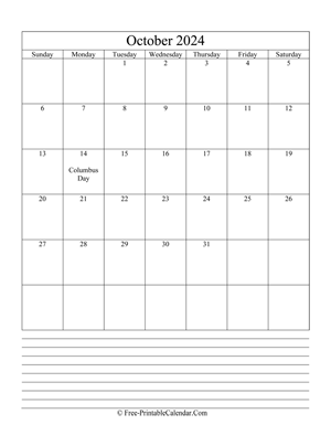 october 2024 editable calendar notes portrait