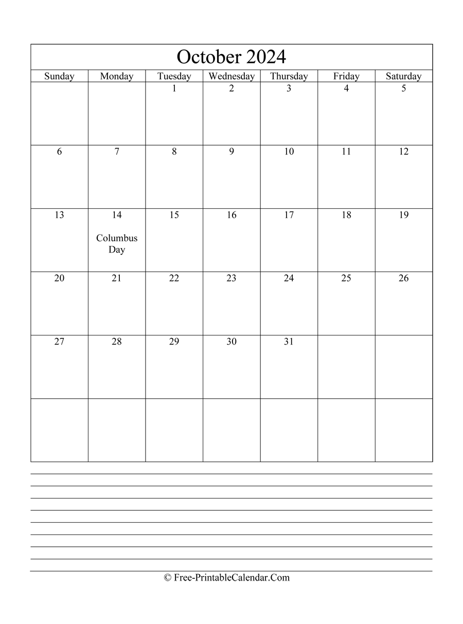 october 2024 Editable Calendar with notes