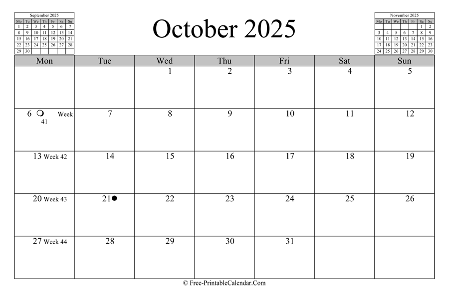 october 2025 Calendar (horizontal layout)