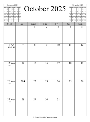 october 2025 calendar vertical