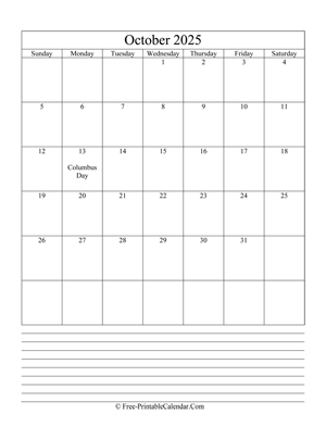 october 2025 editable calendar with notes space