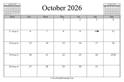 October 2026 Calendar (horizontal)