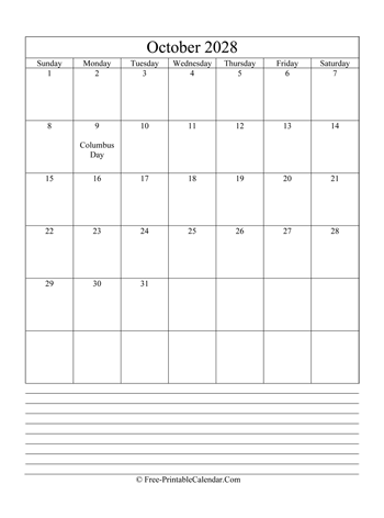 october 2028 editable calendar notes portrait