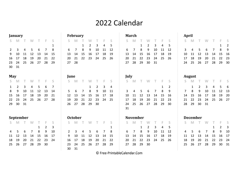 free printable 12 month calendar 2022