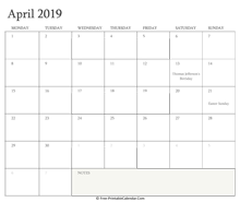 printable april calendar 2019 holidays