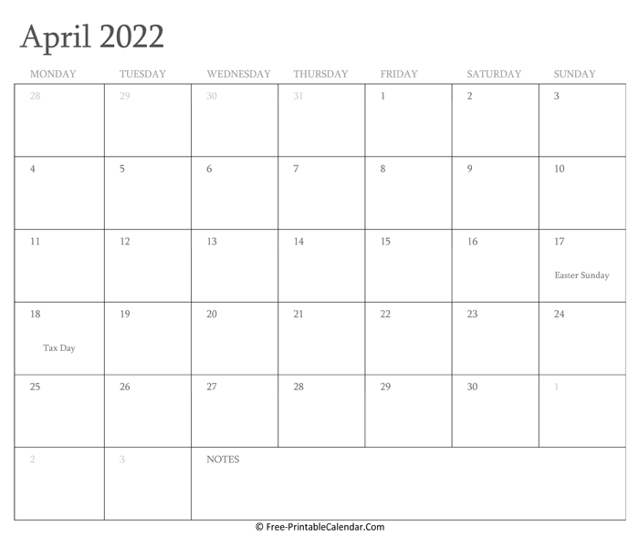 Printable April Calendar 2022 with Holidays