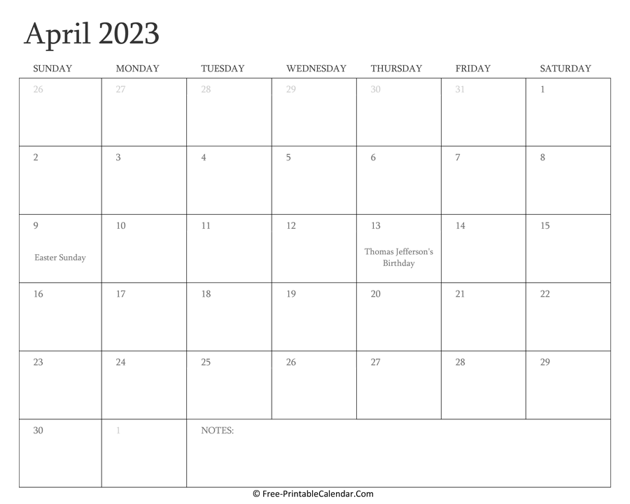 Printable April Calendar 2023 with Holidays