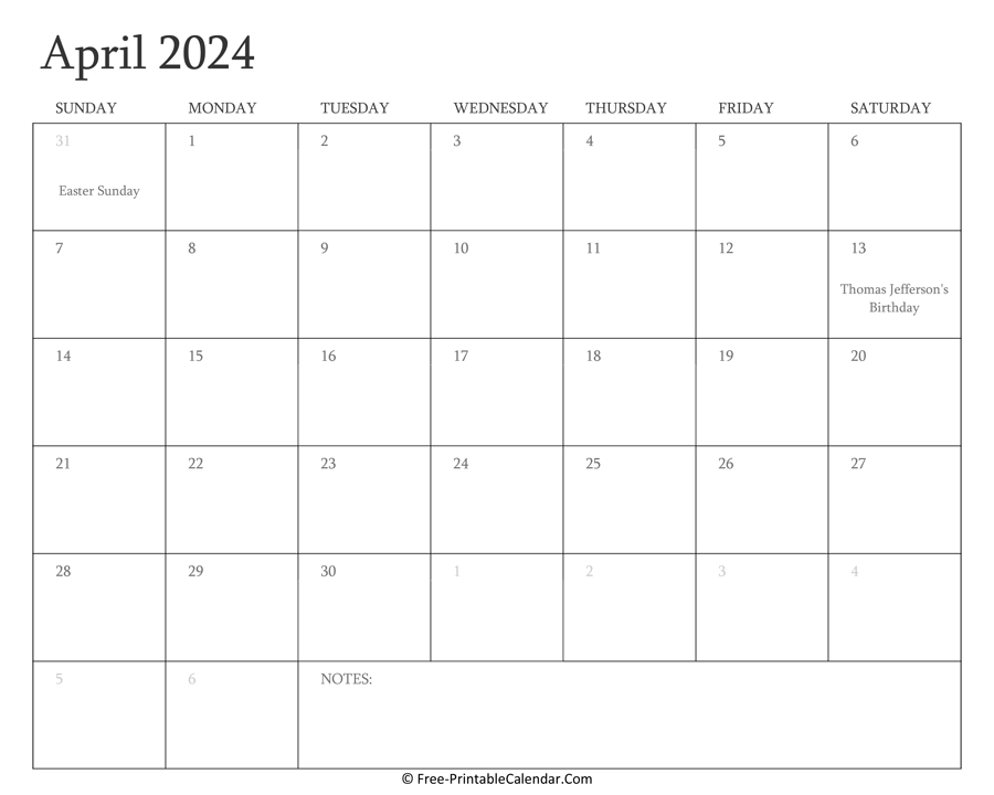 Printable April Calendar 2024 with Holidays