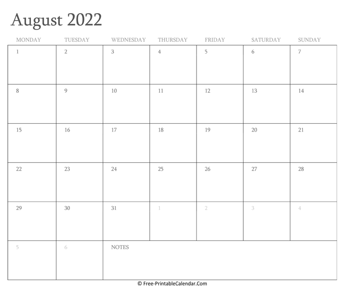 Printable August Calendar 2022 with Holidays