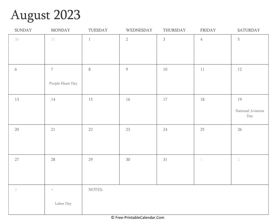 Printable August Calendar 2023 with Holidays