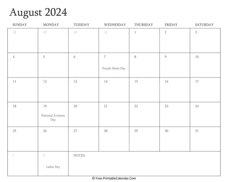 Printable August Calendar 2024 with Holidays