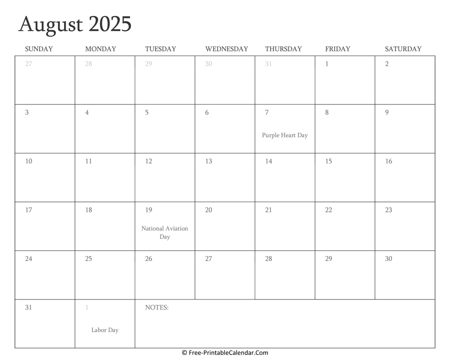 Printable August Calendar 2025 with Holidays