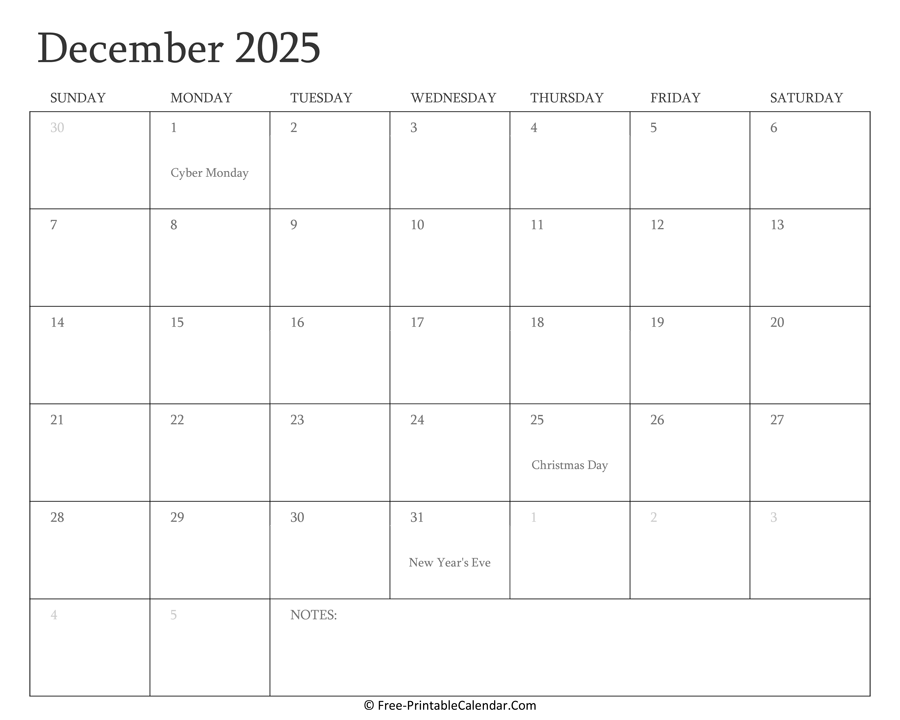 Printable December Calendar 2025 with Holidays