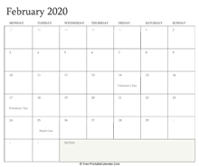 printable february calendar 2020