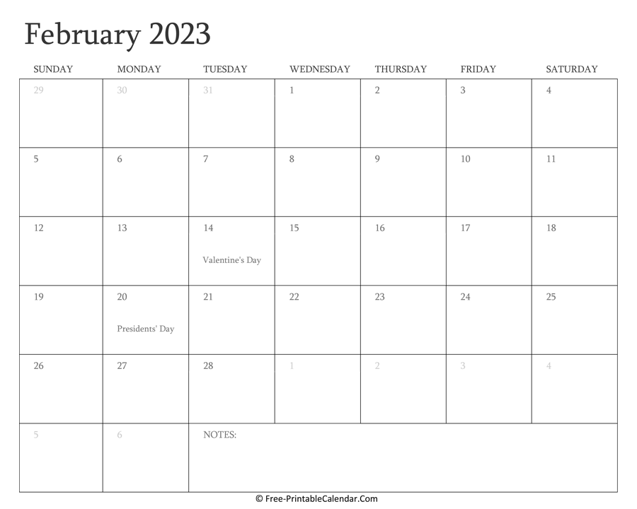 Printable February Calendar 2023 with Holidays