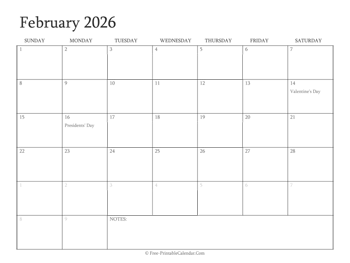 printable february calendar 2026