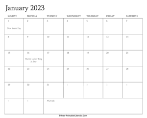 printable january calendar 2023 holidays